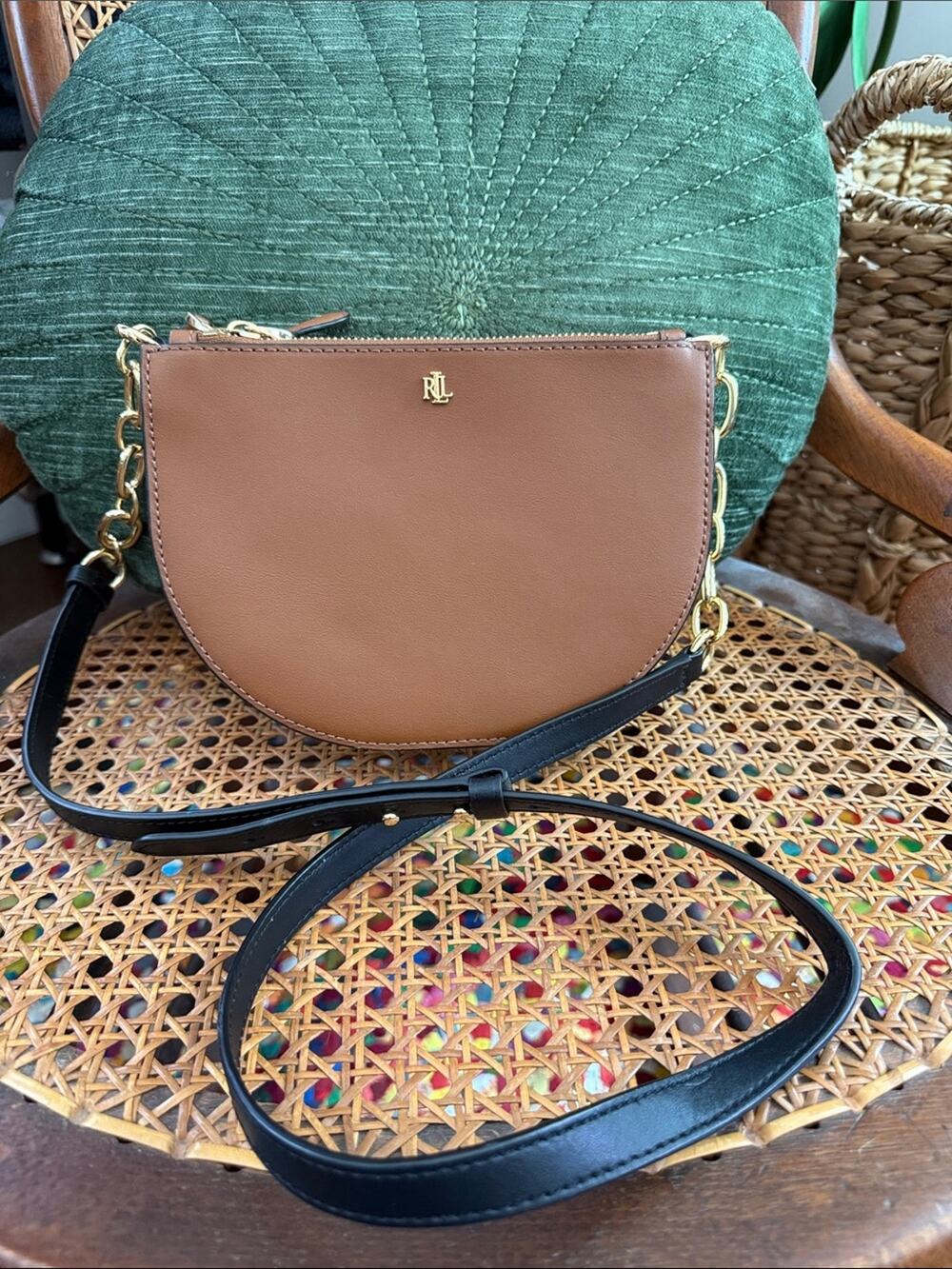 Lauren Ralph Lauren Sutton 22 Half Moon Color Block Top Zip Preppy Crossbody Bag